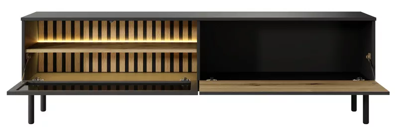 Szafka RTV Lang 180 cm z lamelami i oświetleniem LED czarny / dąb evoke