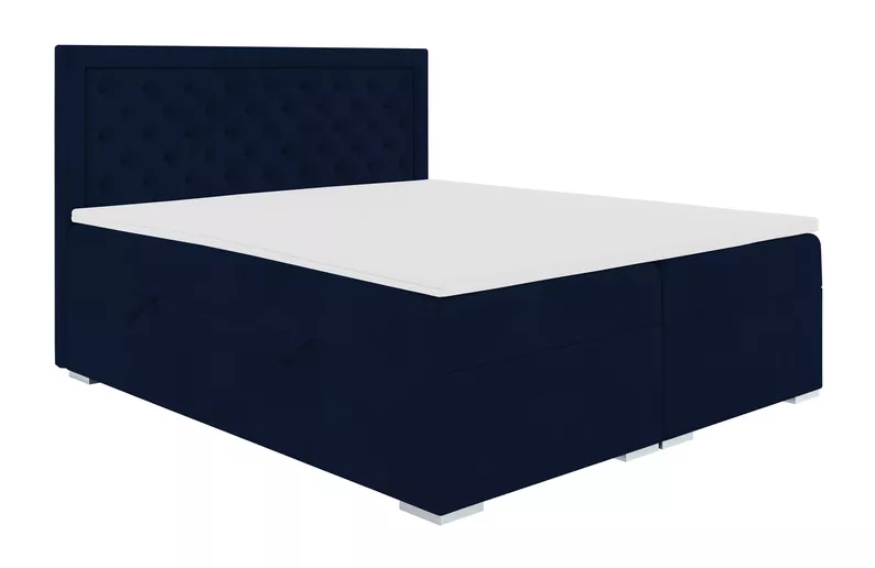 Łóżko kontynentalne 180x200 cm Glorn z pojemnikami i topperem granatowe welur hydrofobowy
