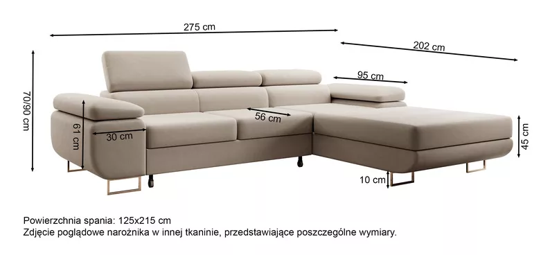 Narożnik z funkcją spania Ganta L-kształtny z pojemnikiem jasnoszary sztruks prawostronny
