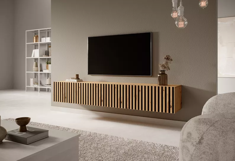 Szafka RTV Telire 175 cm dąb artisan lamele z czarnymi wstawkami