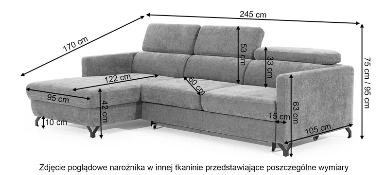Narożnik z funkcją spania Monarda L-kształtny z pojemnikiem i regulowanymi zagłówkami ciemnoszary w tkaninie łatwoczyszczącej lewostronny