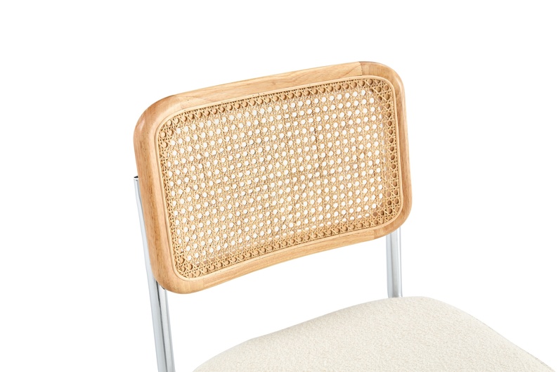 Krzesło na płozach Drally z rattanowym oparciem/ siedzisko w tkaninie boucle