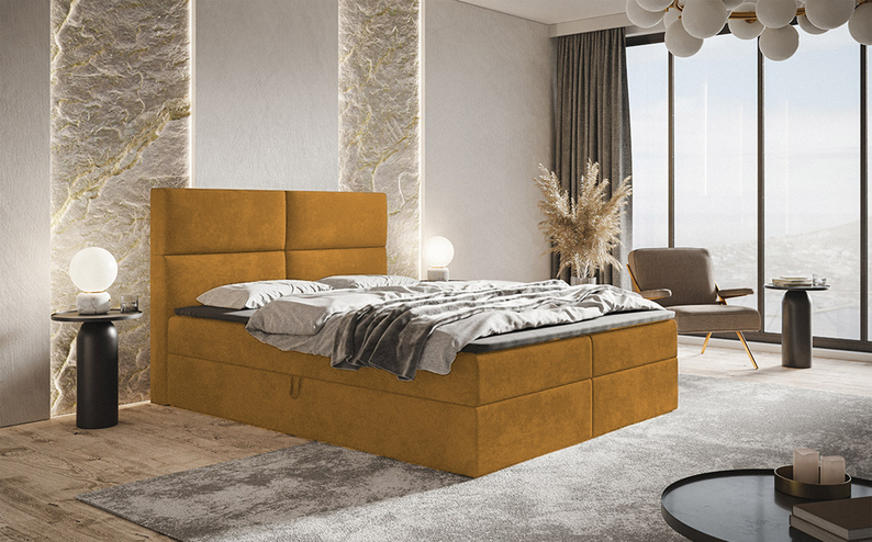 Łóżko kontynentalne 140x200 cm Balzetti z poziomymi panelami na wezgłowiu z pojemnikami i topperem materac pocketowy musztardowe