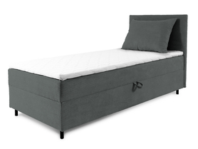 Łóżko kontynentalne jednosobowe Montigo Mini 100x200 cm z pojemnikiem, topperem i poduszką szare sztruks nogi czarne prawostronne