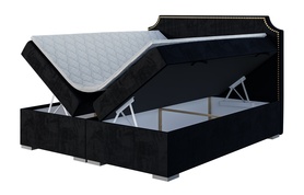 Łóżko kontynentalne 160x200 cm Bussero z pojemnikami i topperem czarne welur hydrofobowy