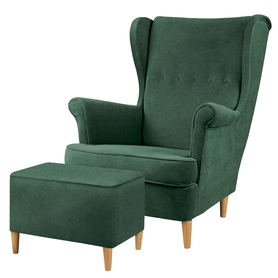 Fotel z podnóżkiem Malmo butelkowa zieleń w tkaninie Easy Clean na bukowych nóżkach