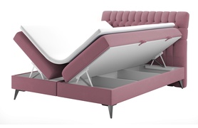 Łóżko kontynentalne 180x200 cm Rubeuz z pojemnikami i topperem różowe welur hydrofobowy