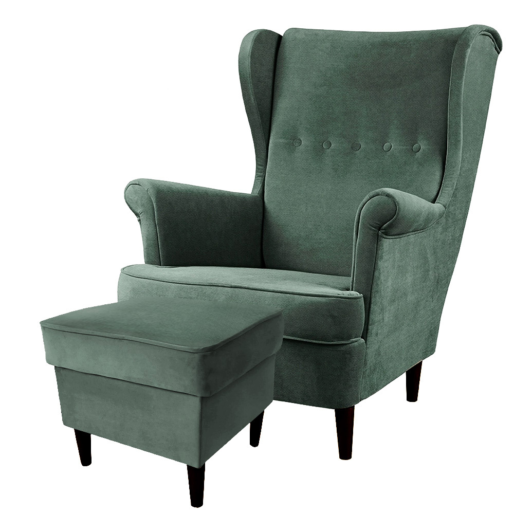 Fotel z podnóżkiem Malmo butelkowa zieleń w tkaninie Easy Clean na czarnych nóżkach-Zdjęcie-0